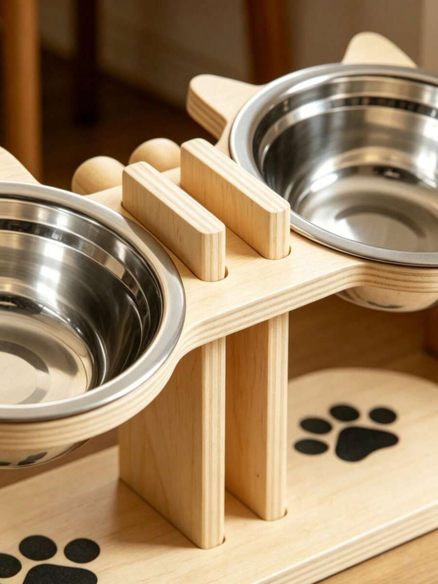 Elevated cat bowl stand with cute cat ears holding two stainless steel food and water bowls for cats and small dogs.