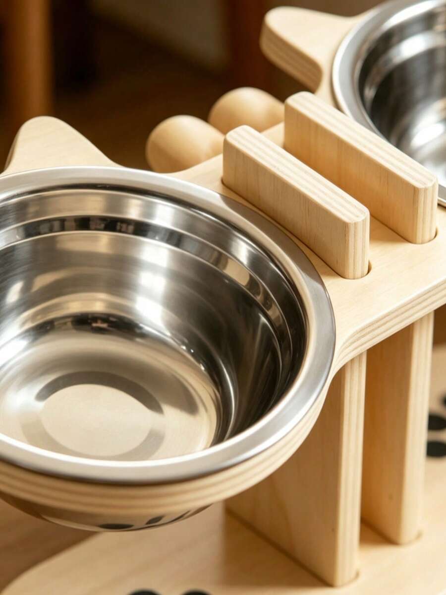 Elevated cat bowl stand with cute cat ears holding two stainless steel food and water bowls for cats and small dogs.