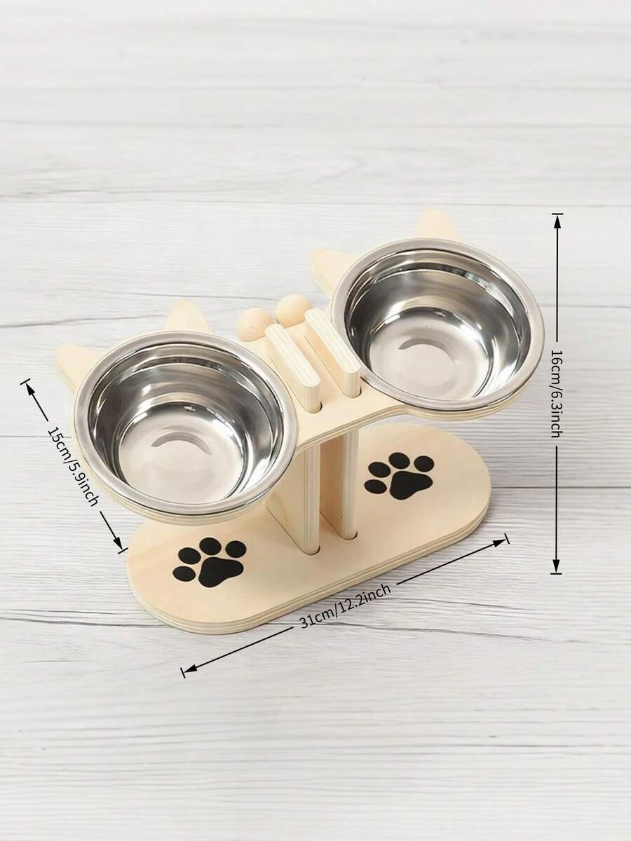 Elevated cat bowl stand with cute cat ears holding two stainless steel food and water bowls for cats and small dogs.