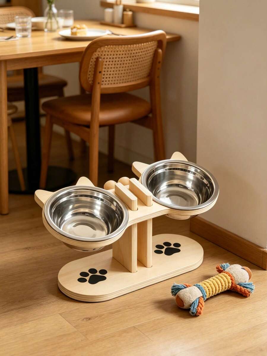 Elevated cat bowl stand with cute cat ears holding two stainless steel food and water bowls for cats and small dogs.