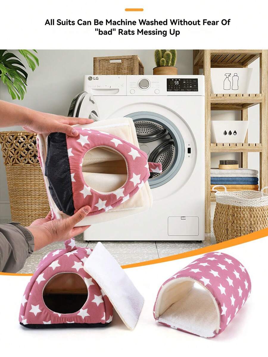 Pink strawberry pattern hamster bed hideaway nest made of soft polyester for small pets.
