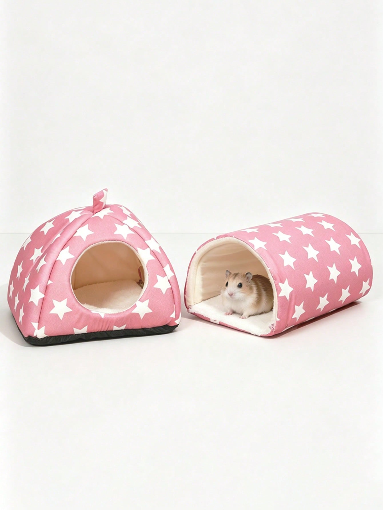Pink strawberry pattern hamster bed hideaway nest made of soft polyester for small pets.