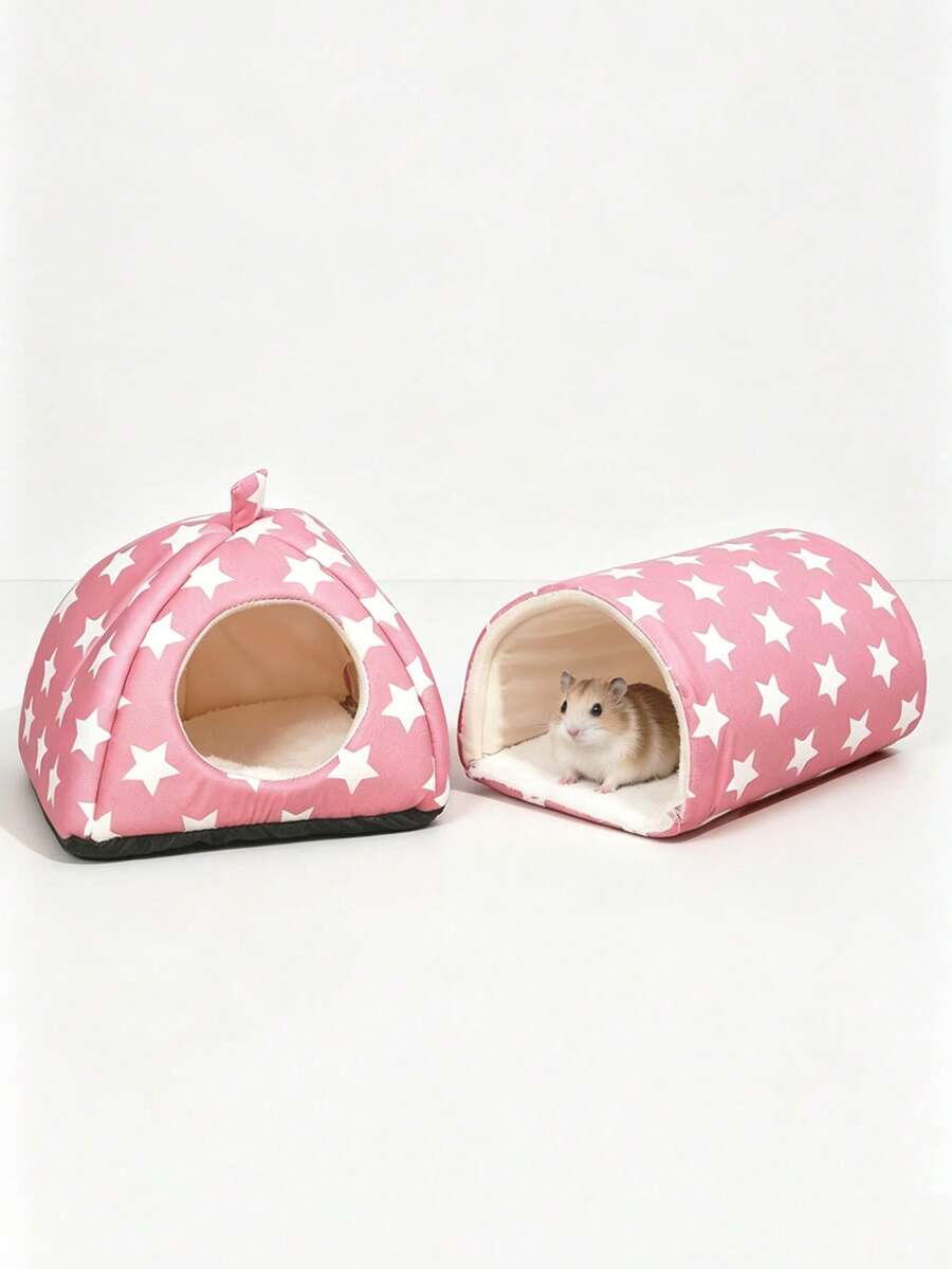 Pink strawberry pattern hamster bed hideaway nest made of soft polyester for small pets.