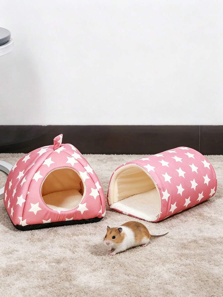 Pink strawberry pattern hamster bed hideaway nest made of soft polyester for small pets.