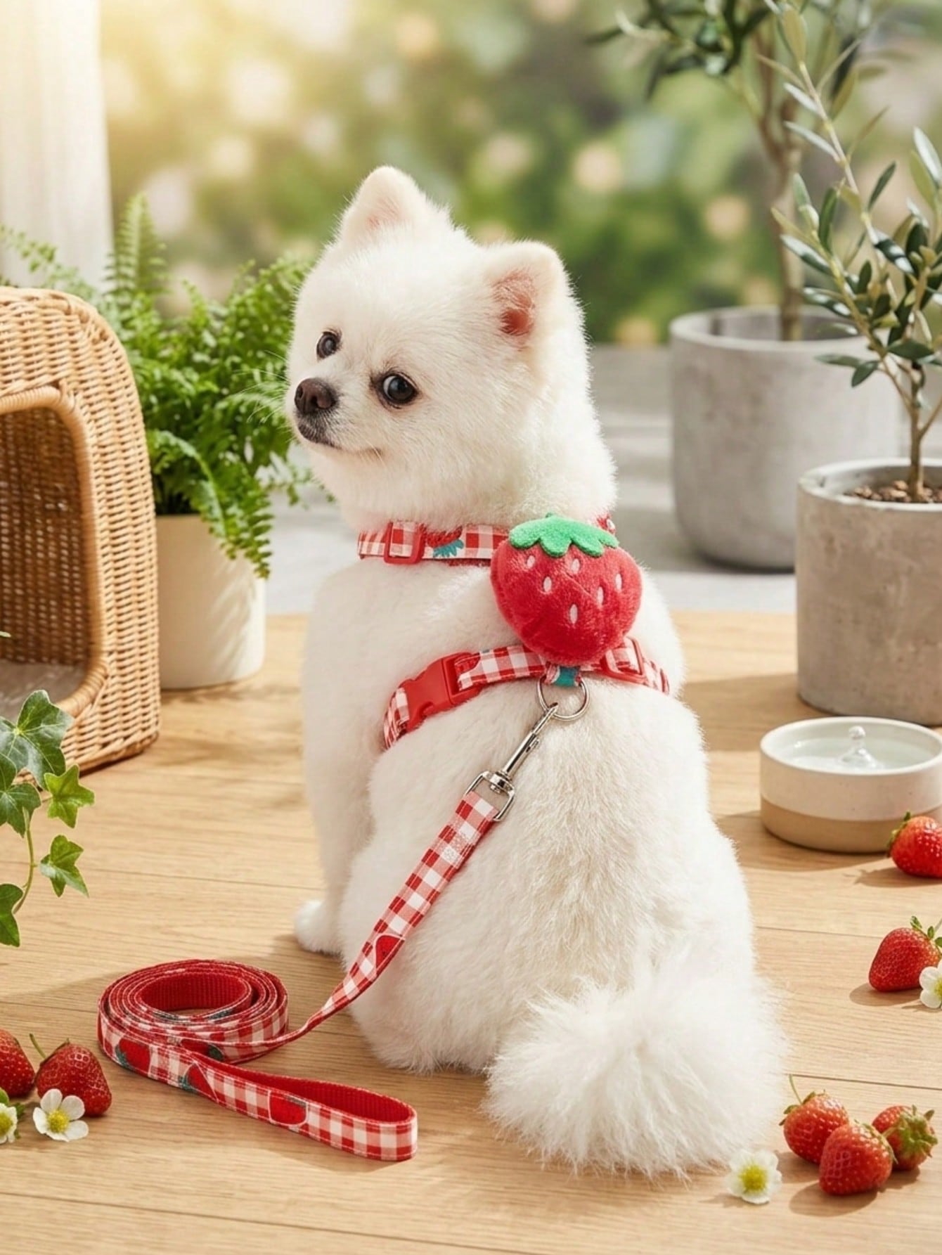 Multicolor strawberry plaid pet harness and leash set for cats and dogs with Christmas pattern print