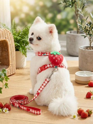 Multicolor strawberry plaid pet harness and leash set for cats and dogs with Christmas pattern print