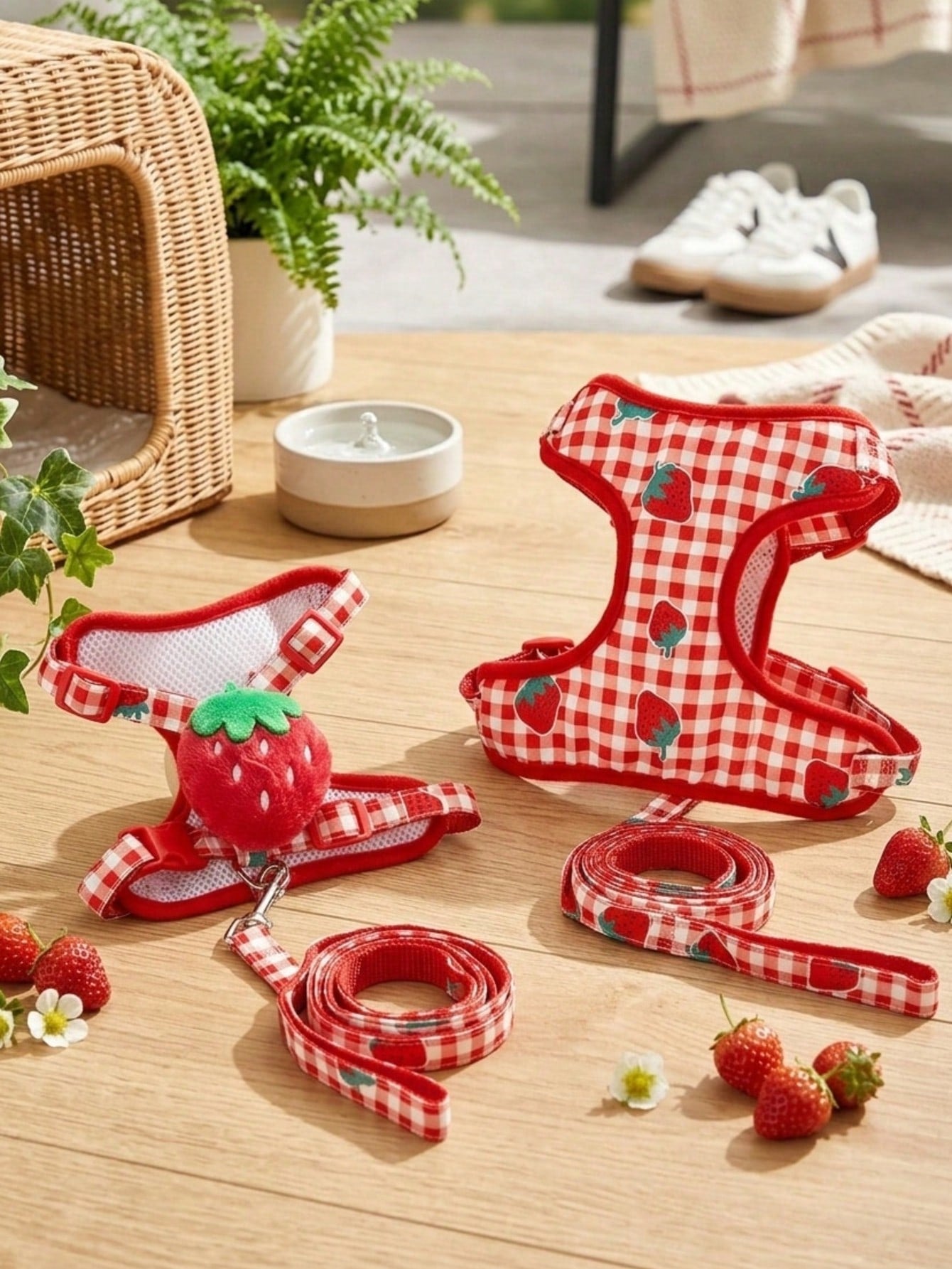Multicolor strawberry plaid pet harness and leash set for cats and dogs with Christmas pattern print