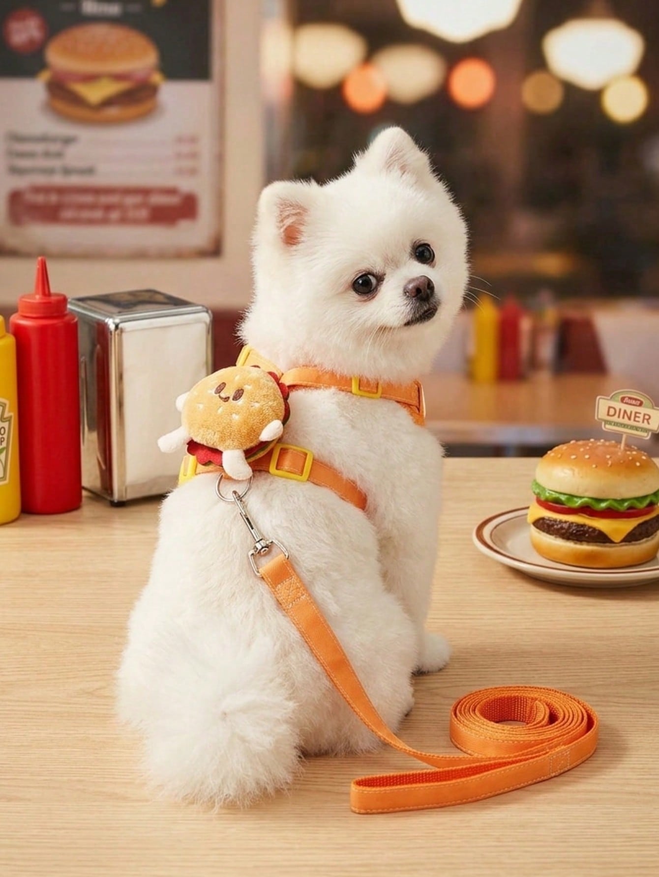 Multicolor polyester pet harness and leash set with cute cartoon hamburger print, suitable for dogs and cats