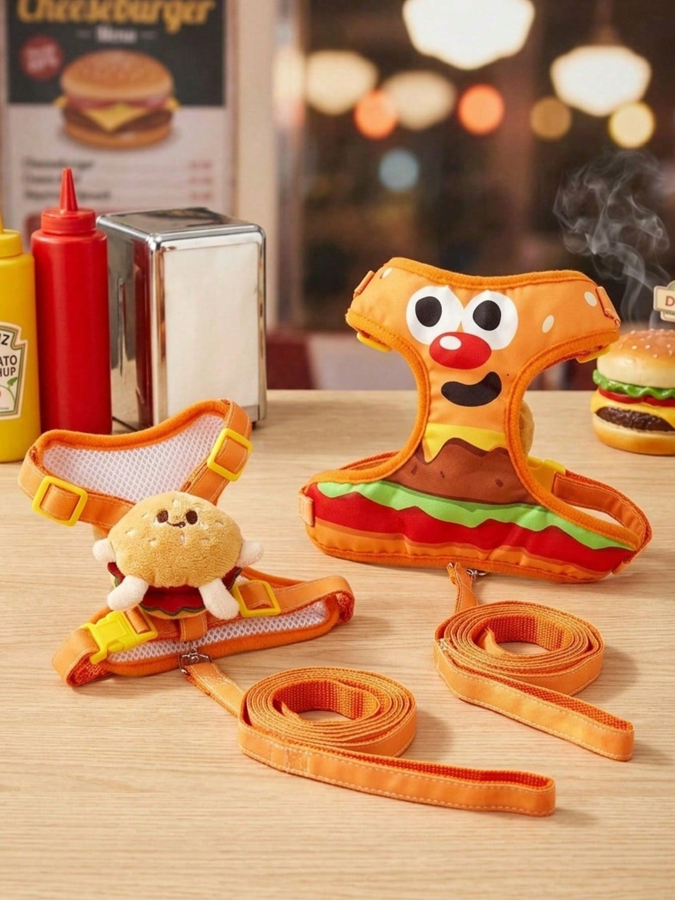 Multicolor polyester pet harness and leash set with cute cartoon hamburger print, suitable for dogs and cats