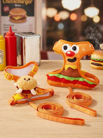 Multicolor polyester pet harness and leash set with cute cartoon hamburger print, suitable for dogs and cats