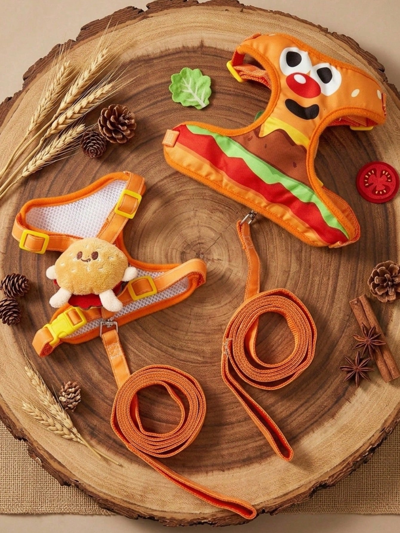 Multicolor polyester pet harness and leash set with cute cartoon hamburger print, suitable for dogs and cats