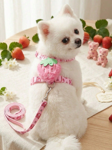 Multicolor polyester pet harness and leash set with cute strawberry and bear pattern, suitable for dogs and cats.