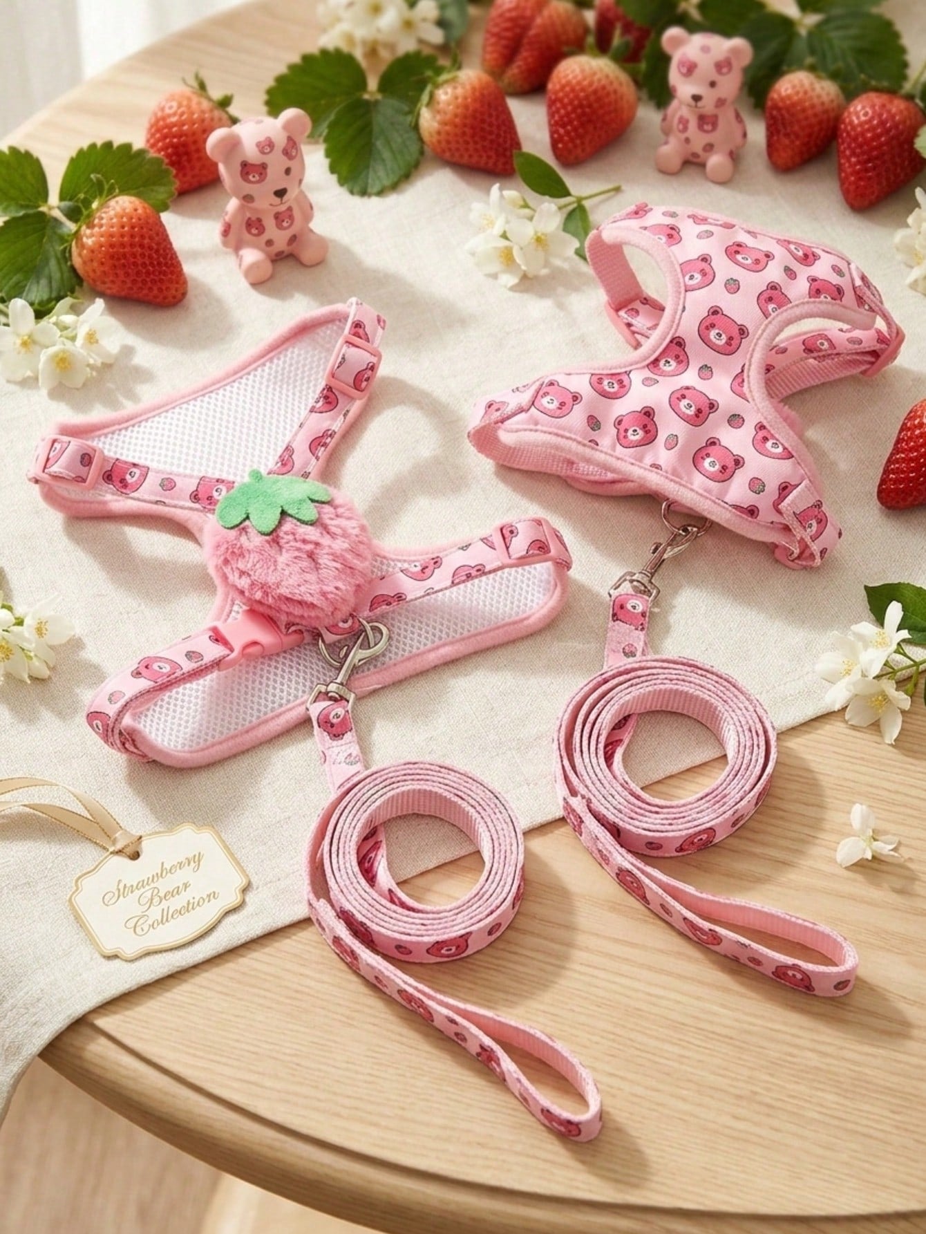 Multicolor polyester pet harness and leash set with cute strawberry and bear pattern, suitable for dogs and cats.
