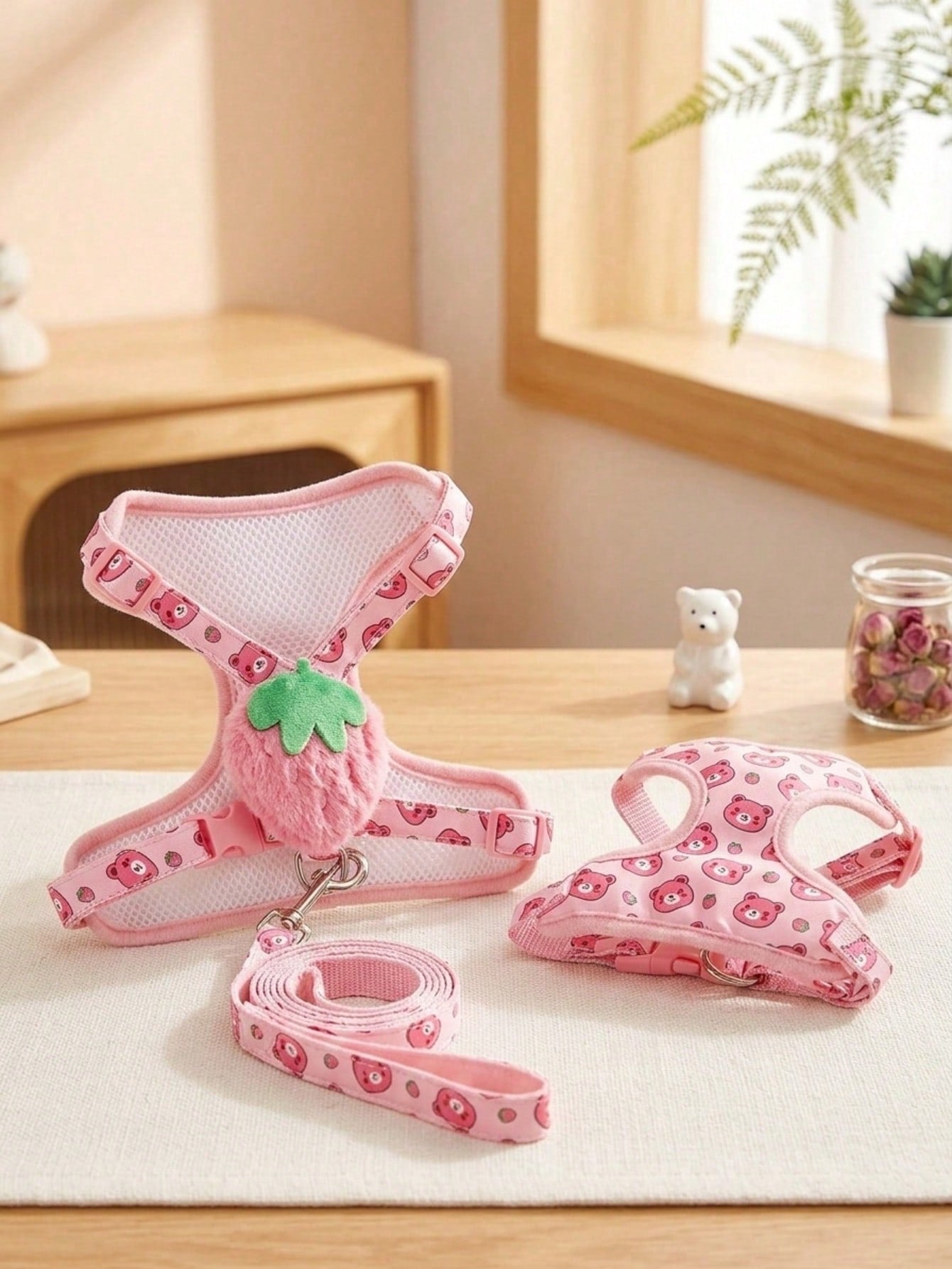 Multicolor polyester pet harness and leash set with cute strawberry and bear pattern, suitable for dogs and cats.