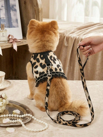 Multicolor leopard print lace edged bra cup style pet collar and leash set for cats and dogs in polyester