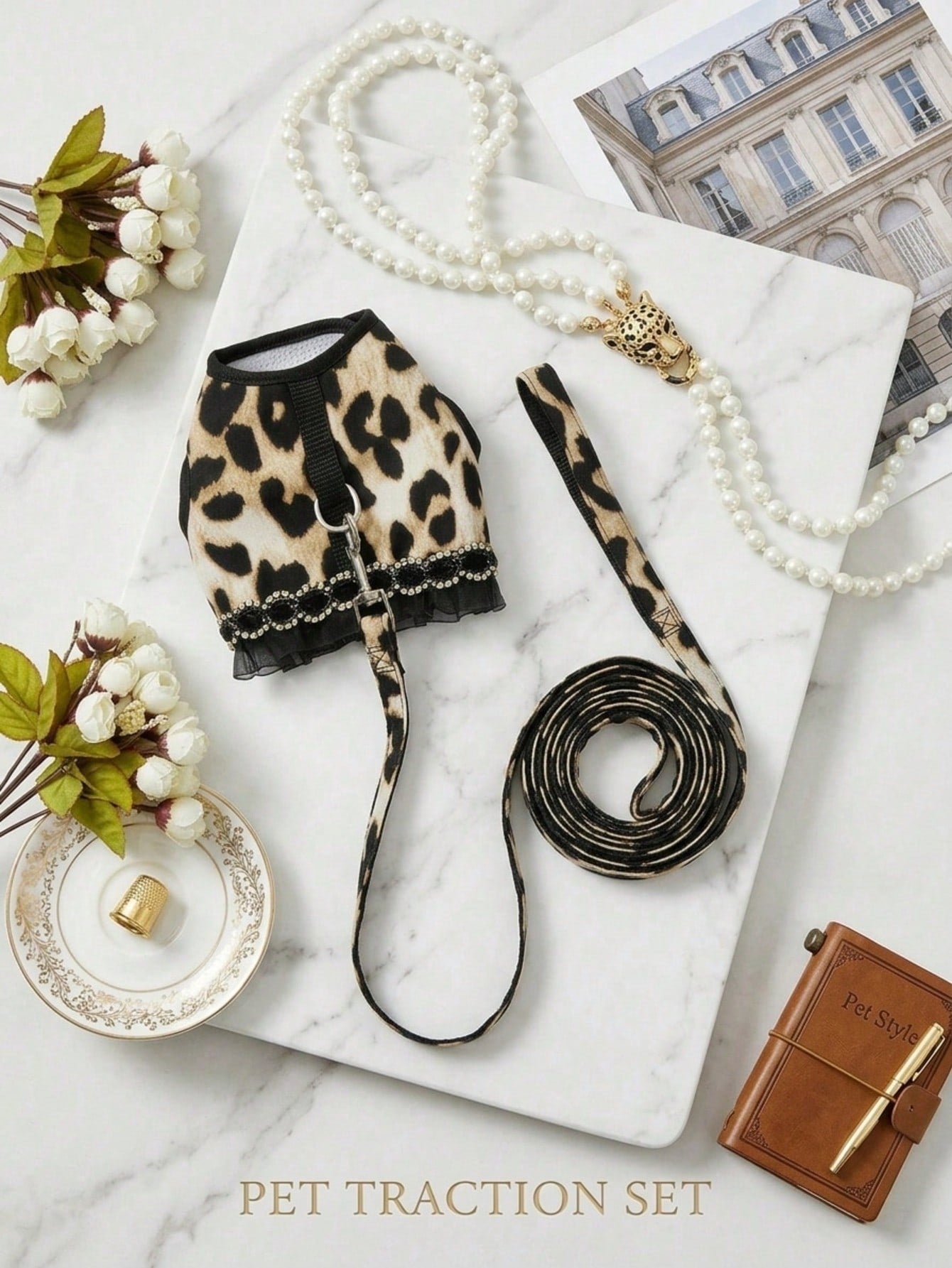 Multicolor leopard print lace edged bra cup style pet collar and leash set for cats and dogs in polyester