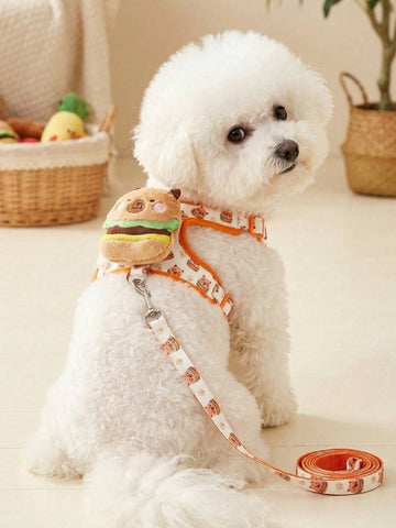 Multicolor polyester chest harness and leash set for cats and dogs with cute hamburger and hamster cartoon print.