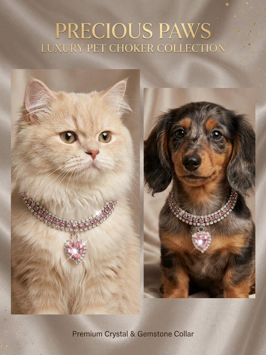 Pink adjustable cat and small dog collar with sparkly crystal heart detail and letter pattern, made from polyester with a breakaway design.