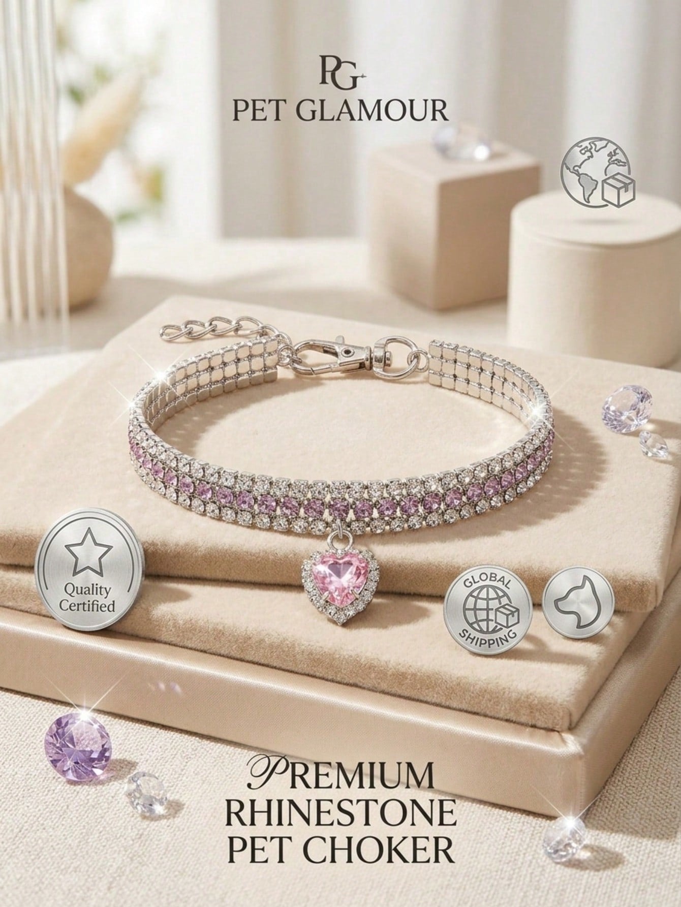 Pink adjustable cat and small dog collar with sparkly crystal heart detail and letter pattern, made from polyester with a breakaway design.