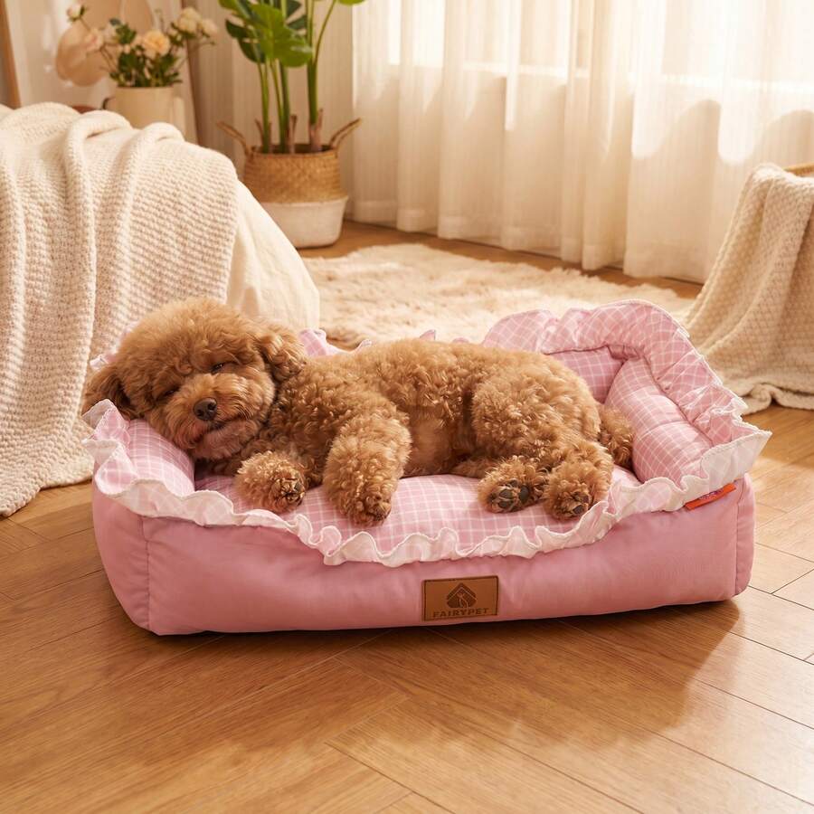 Multicolor plaid pet bed for small dogs and cats featuring a soft rolled edge design and polyester filling.