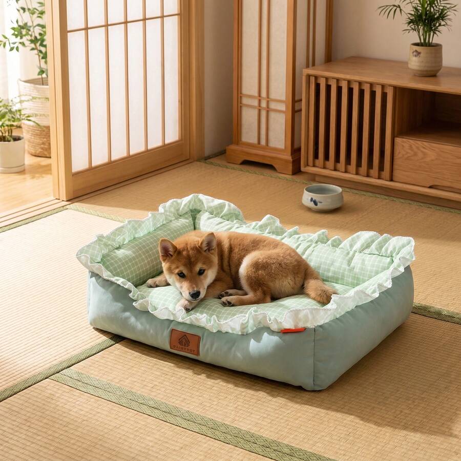 Multicolor plaid pet bed for small dogs and cats featuring a soft rolled edge design and polyester filling.