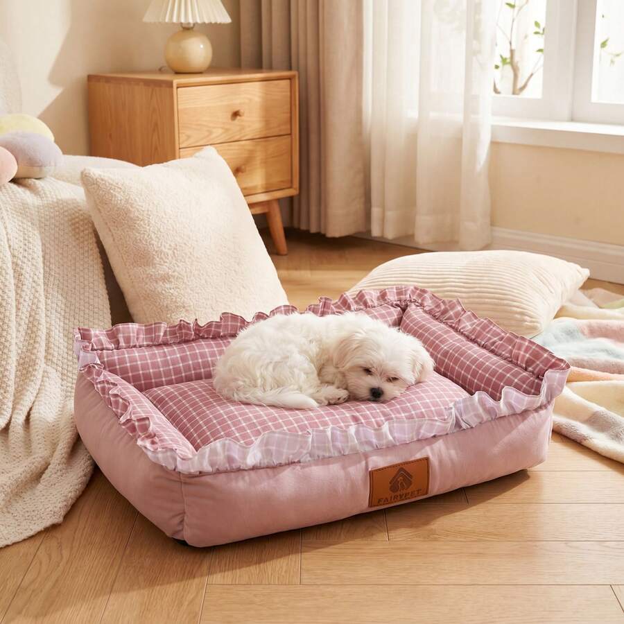 Multicolor plaid pet bed for small dogs and cats featuring a soft rolled edge design and polyester filling.