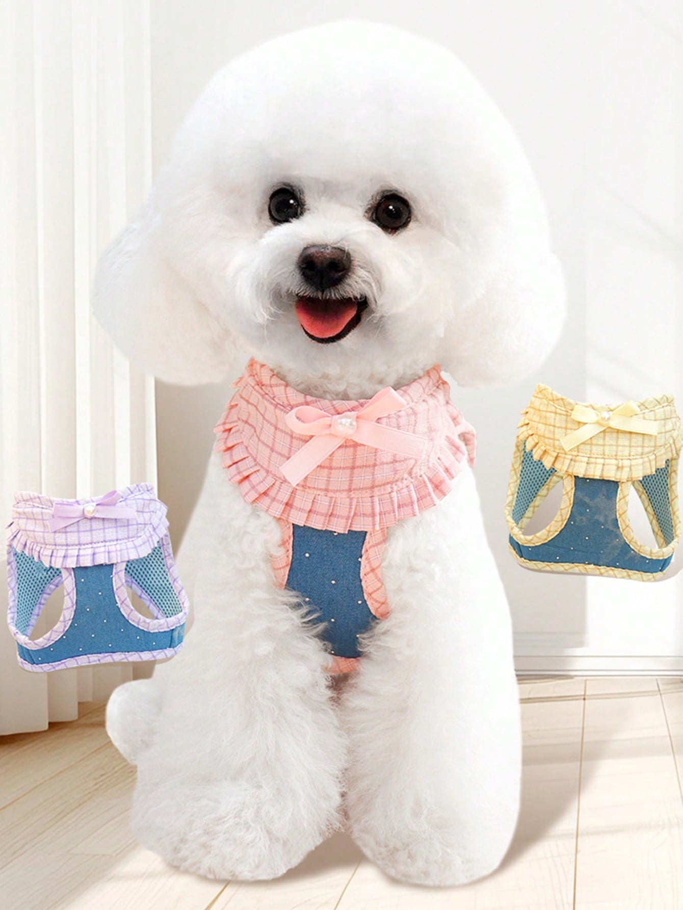 Adjustable vest style dog harness and leash set with cute multicolor polyester chest strap for small dogs, Teddy breeds, and cats