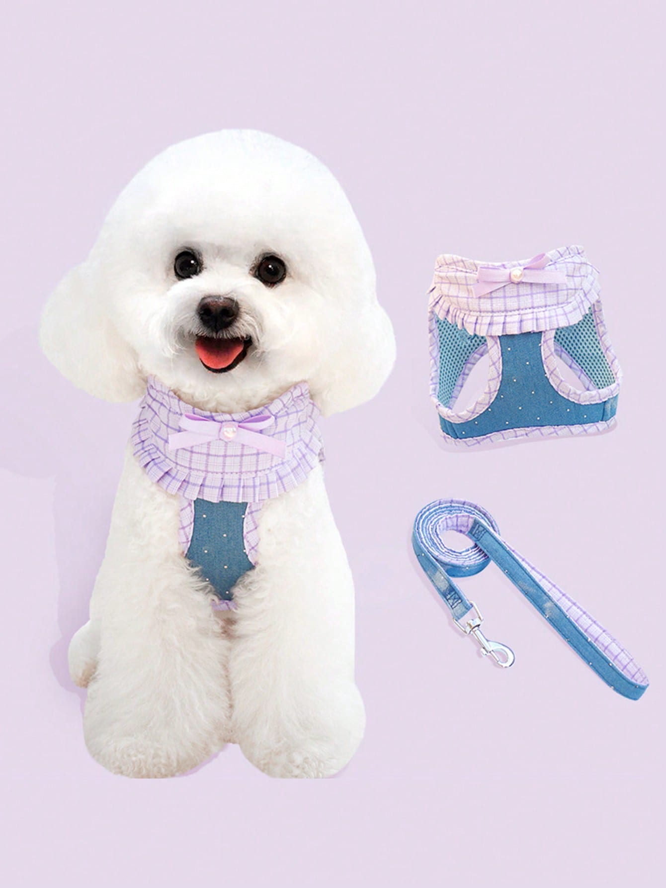 Adjustable vest style dog harness and leash set with cute multicolor polyester chest strap for small dogs, Teddy breeds, and cats