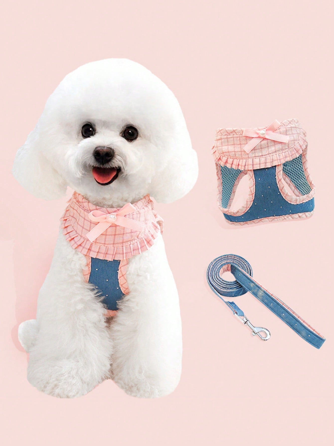 Adjustable vest style dog harness and leash set with cute multicolor polyester chest strap for small dogs, Teddy breeds, and cats