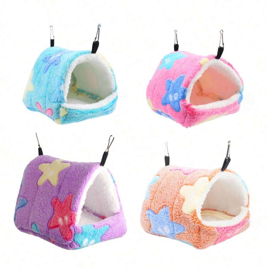 Multicolor star-shaped warm winter hanging nest bed for small animals like hamsters and hedgehogs.