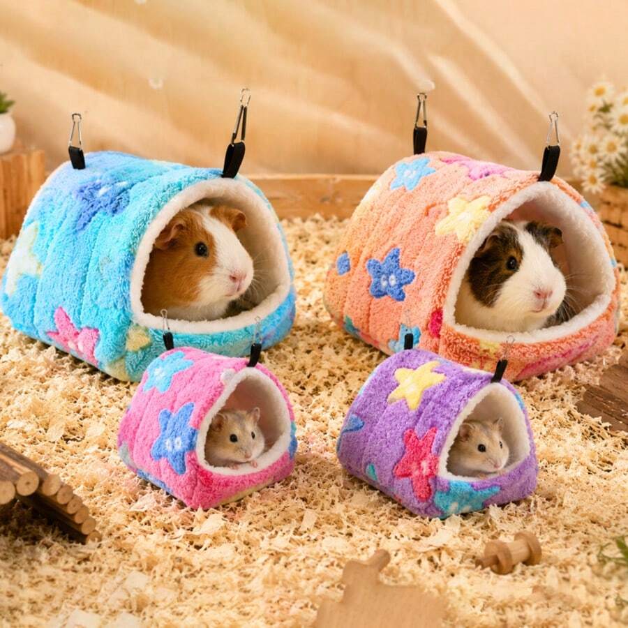 Multicolor star-shaped warm winter hanging nest bed for small animals like hamsters and hedgehogs.