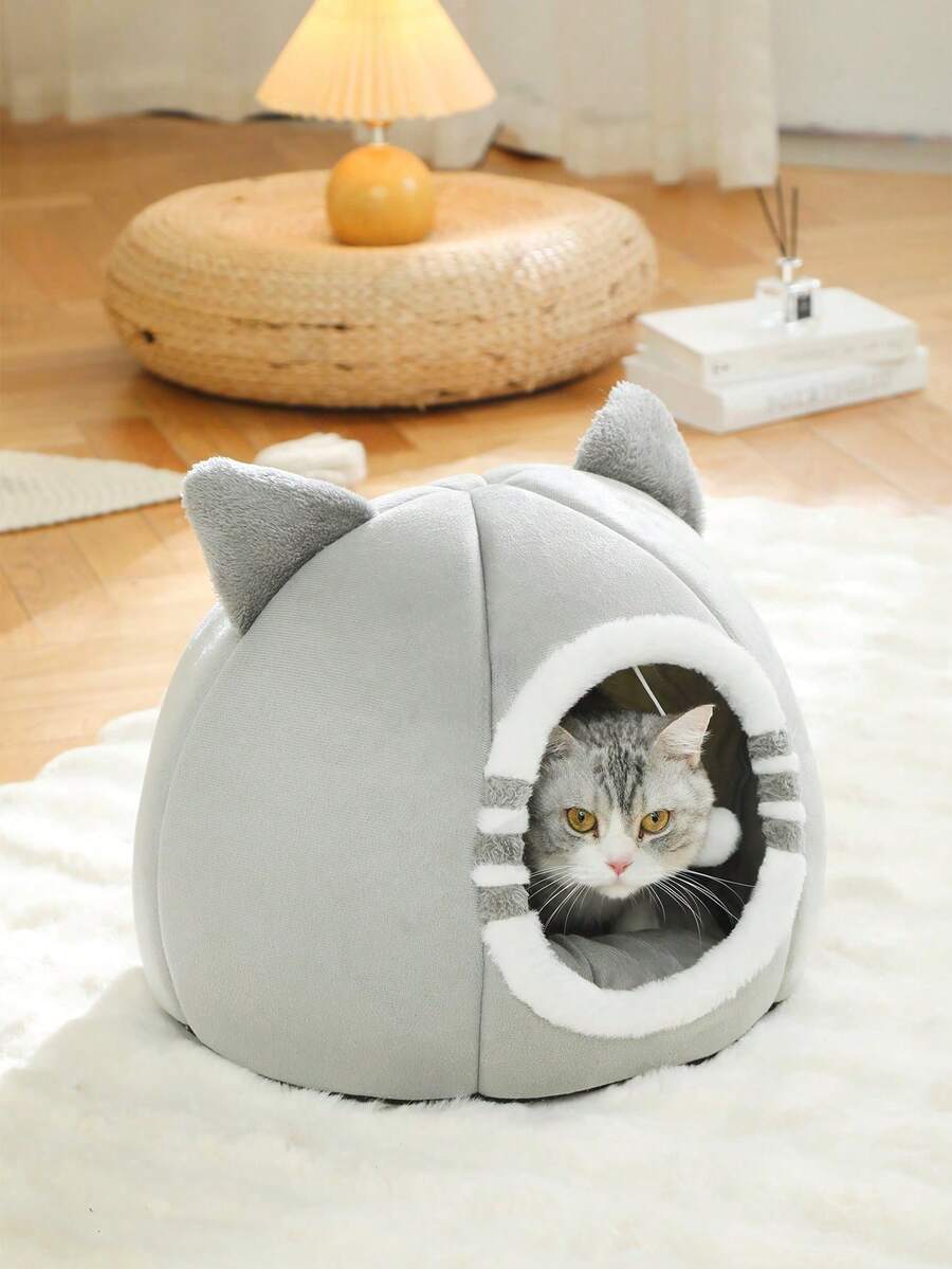 Grey soft washable cat bed for indoor cats and kittens with anti-slip bottom