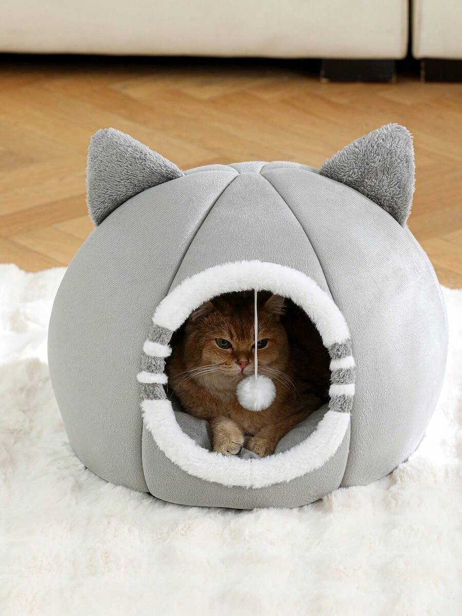 Grey soft washable cat bed for indoor cats and kittens with anti-slip bottom