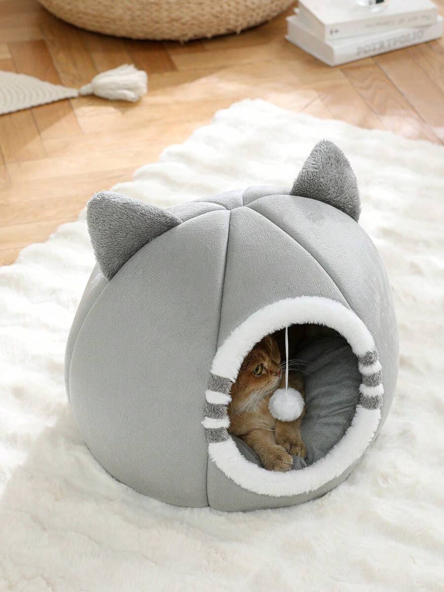 Grey soft washable cat bed for indoor cats and kittens with anti-slip bottom