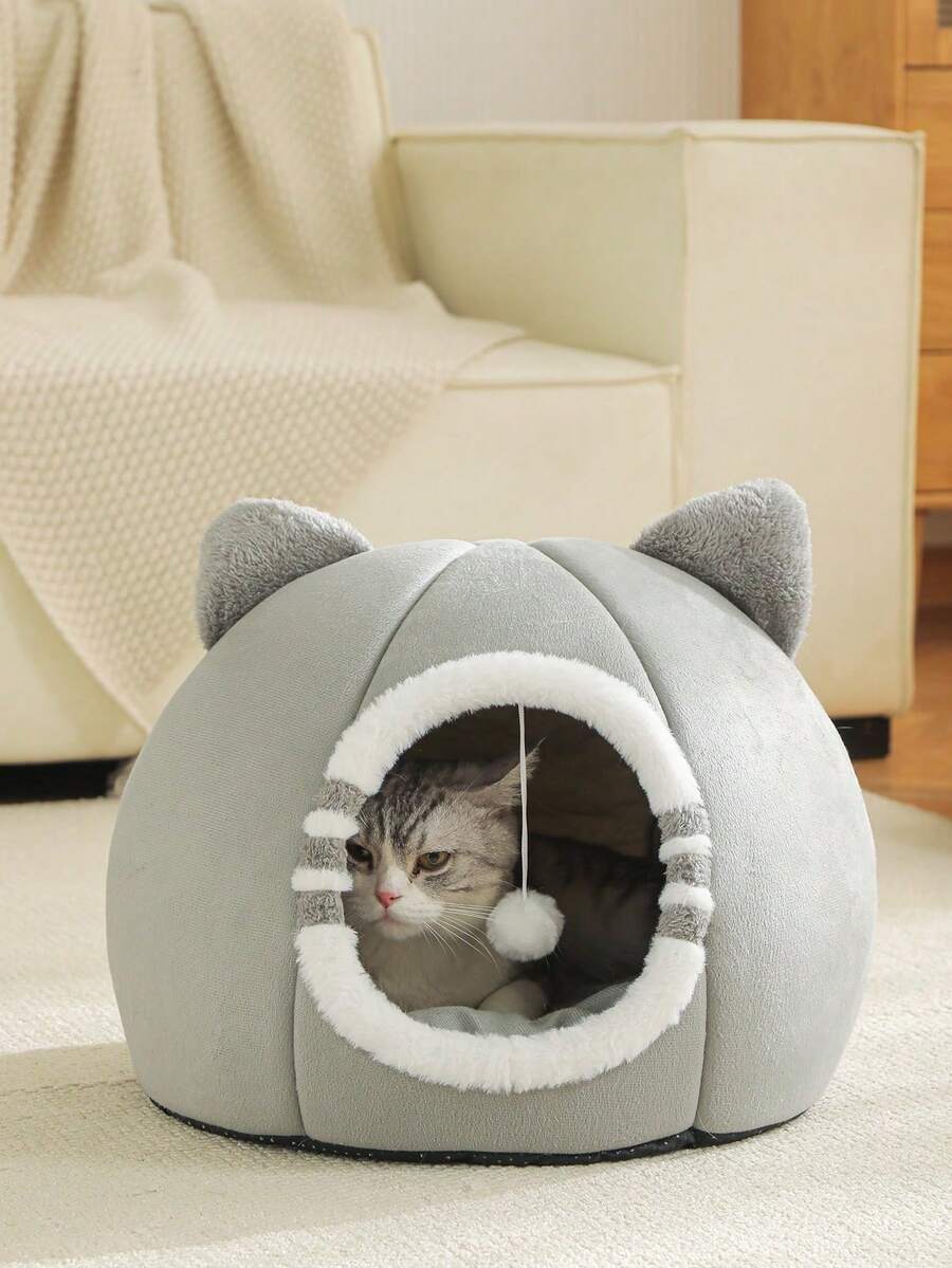 Grey soft washable cat bed for indoor cats and kittens with anti-slip bottom