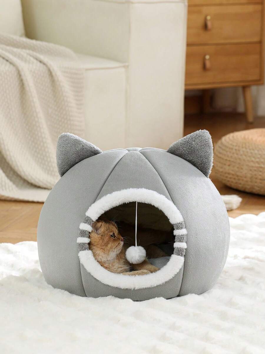 Grey soft washable cat bed for indoor cats and kittens with anti-slip bottom