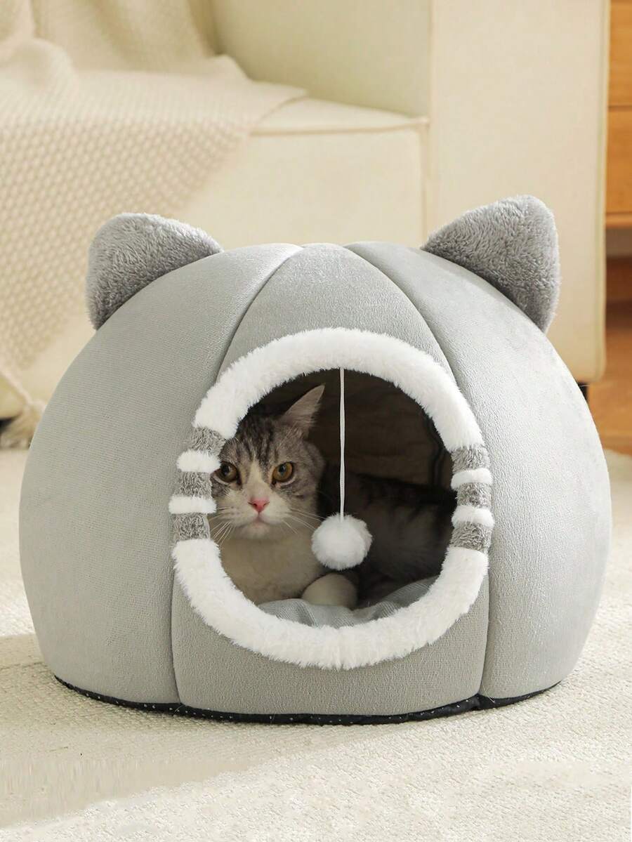 Grey soft washable cat bed for indoor cats and kittens with anti-slip bottom