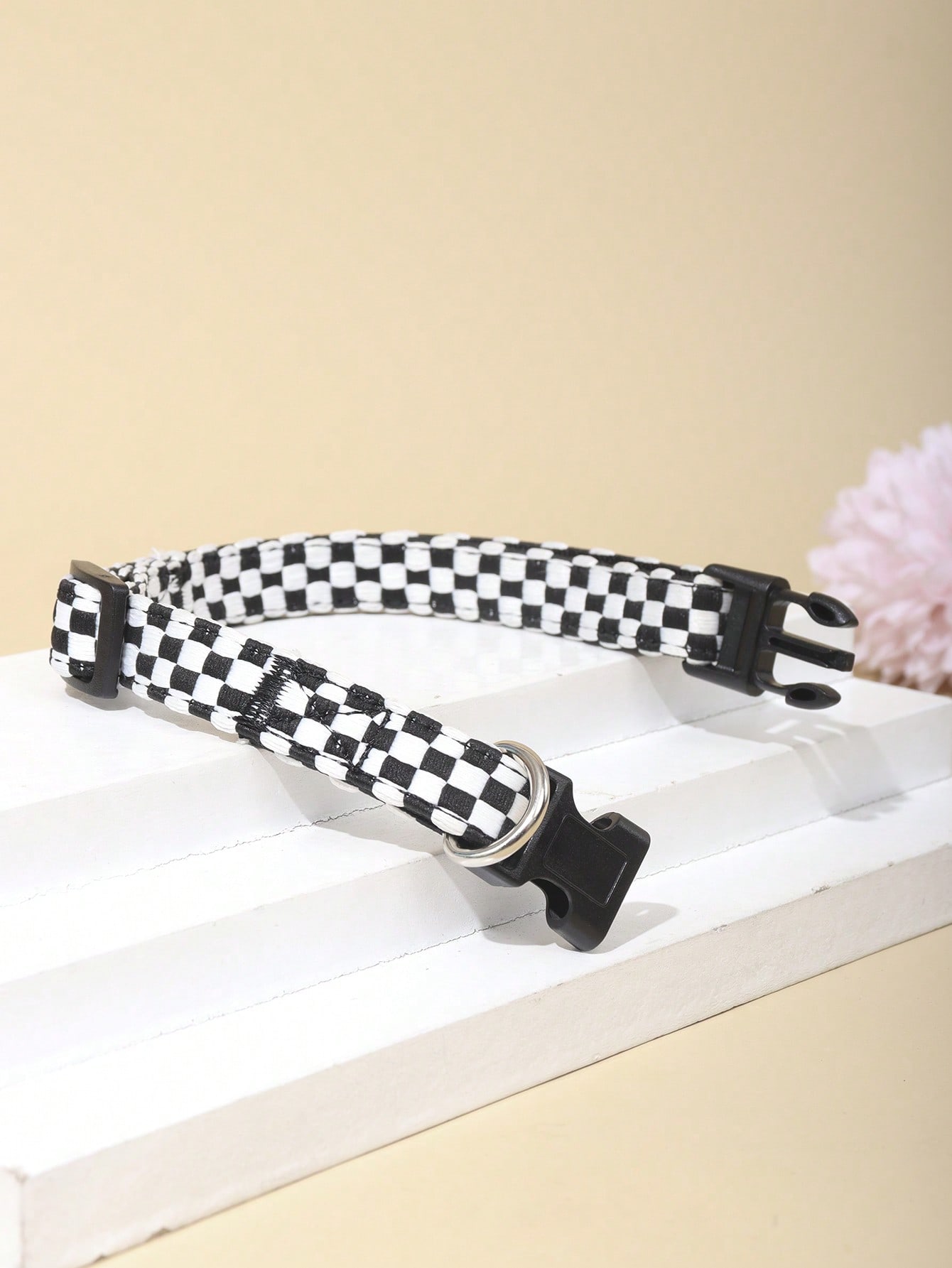 Black and white plaid polyester pet collar with geometric multicolor pattern for small and medium cats and dogs