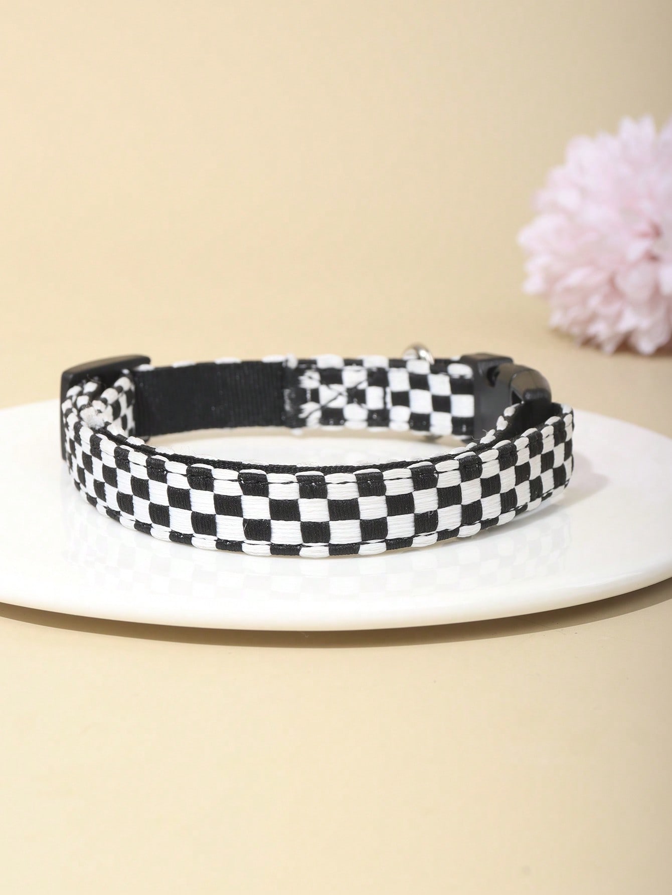 Black and white plaid polyester pet collar with geometric multicolor pattern for small and medium cats and dogs