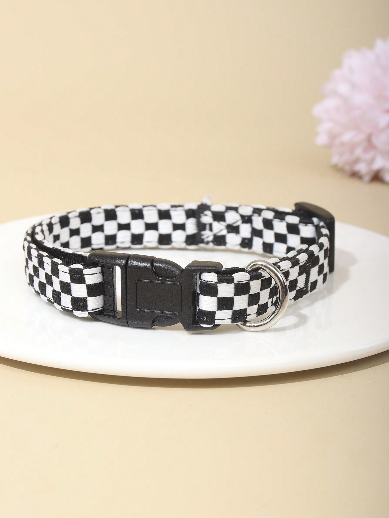 Black and white plaid polyester pet collar with geometric multicolor pattern for small and medium cats and dogs