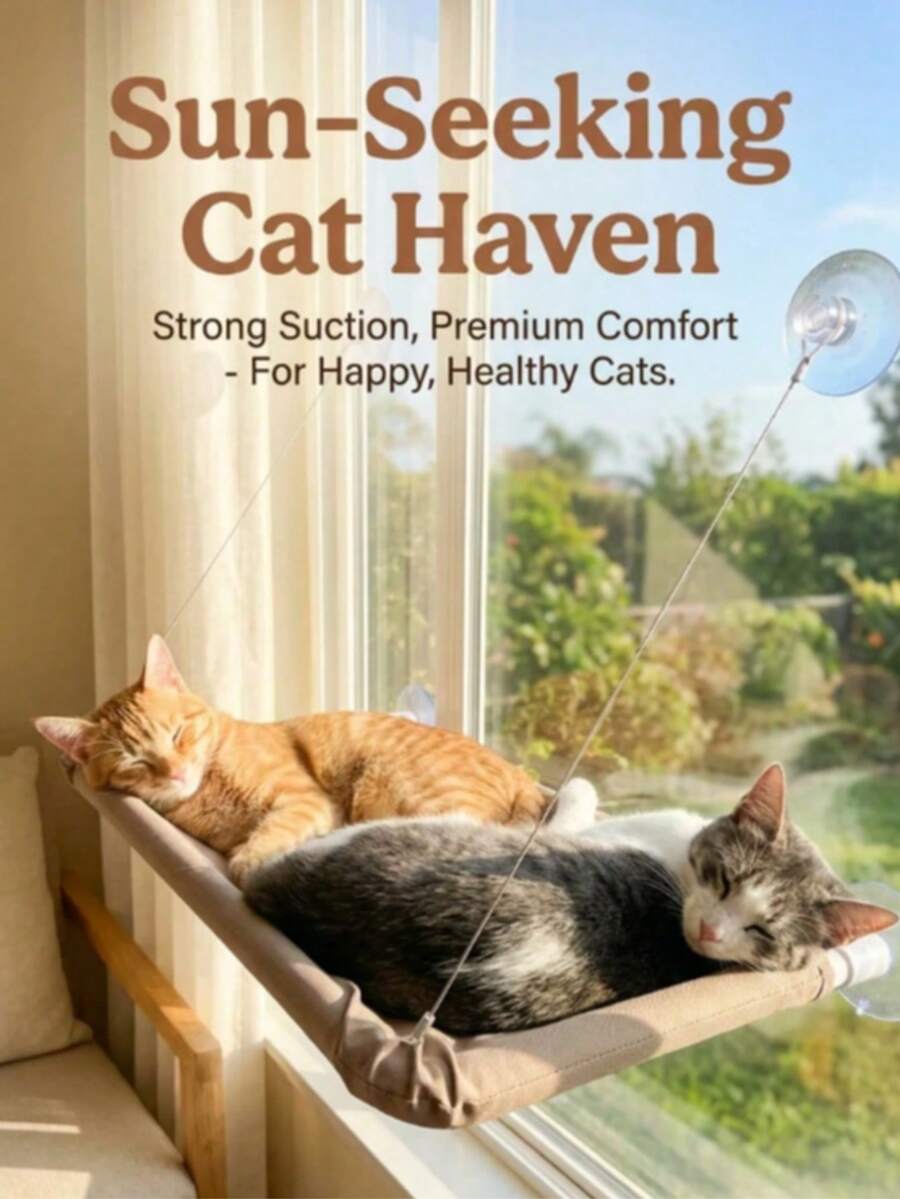 Suspended cat window hammock bed with sturdy ABS frame, mounting brackets, and cozy blanket installed on a glass window.