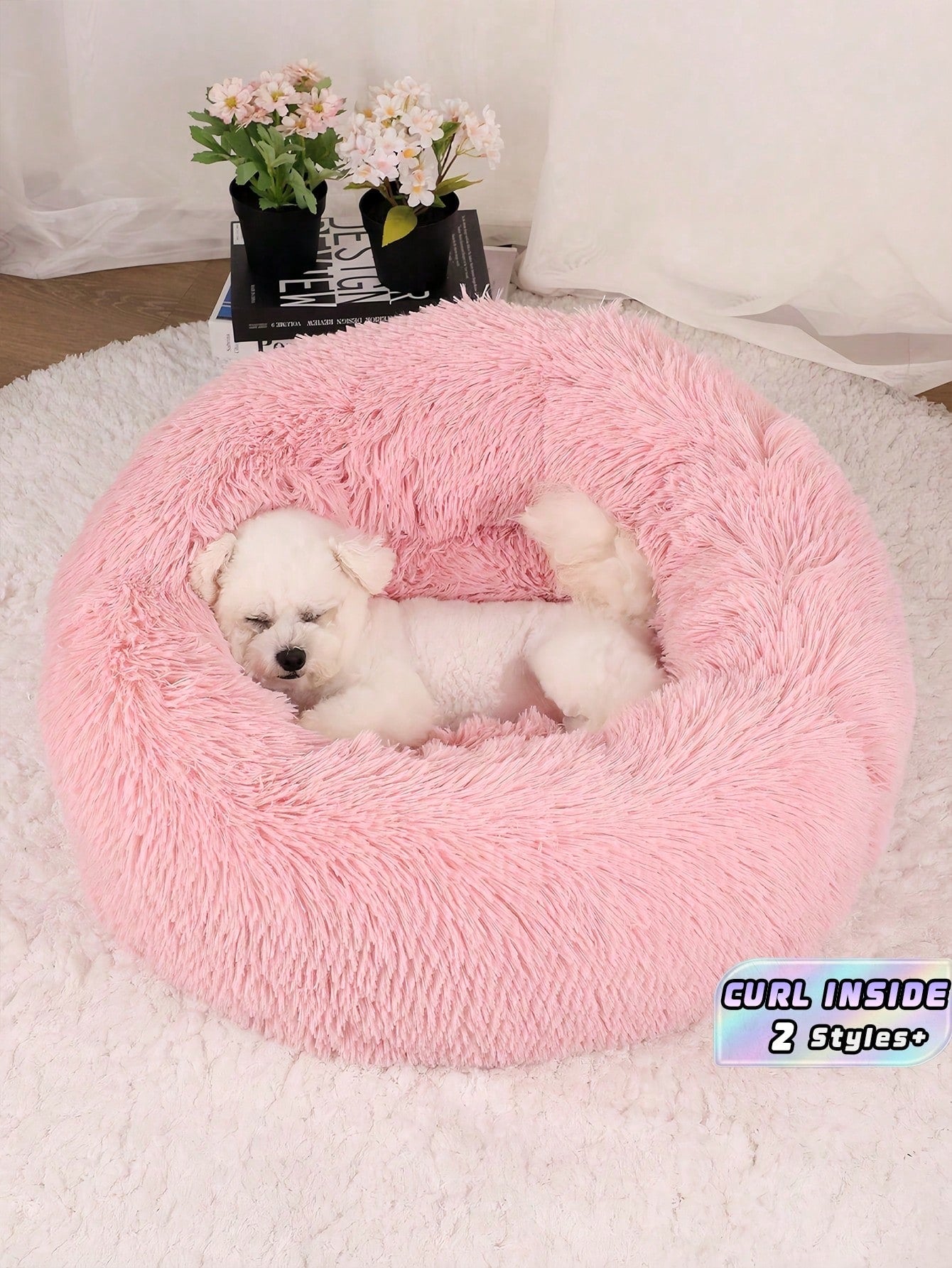 Pink round soft pet bed nest for indoor cats and small to medium dogs