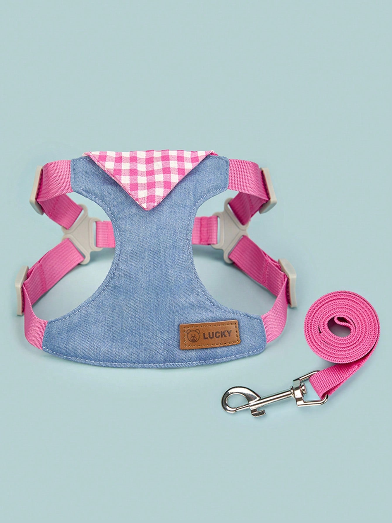 Pink plaid polyester dog harness and leash set with breathable vest-style anti-escape design for small breed dogs