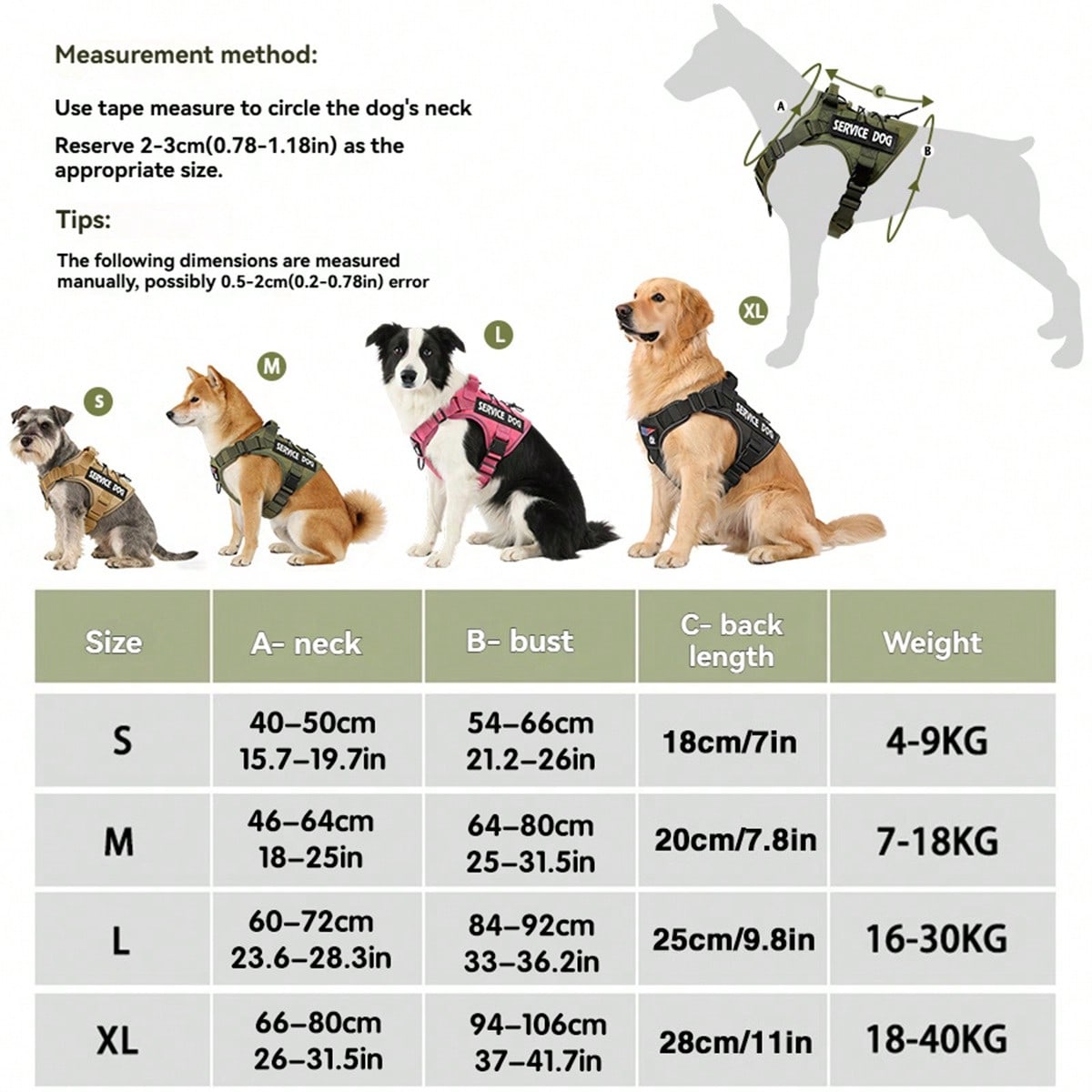 Multicolor polyester tactical vest for medium to large dogs with adjustable fit, reflective details, breathable design, and letter pattern for training or service dog use.