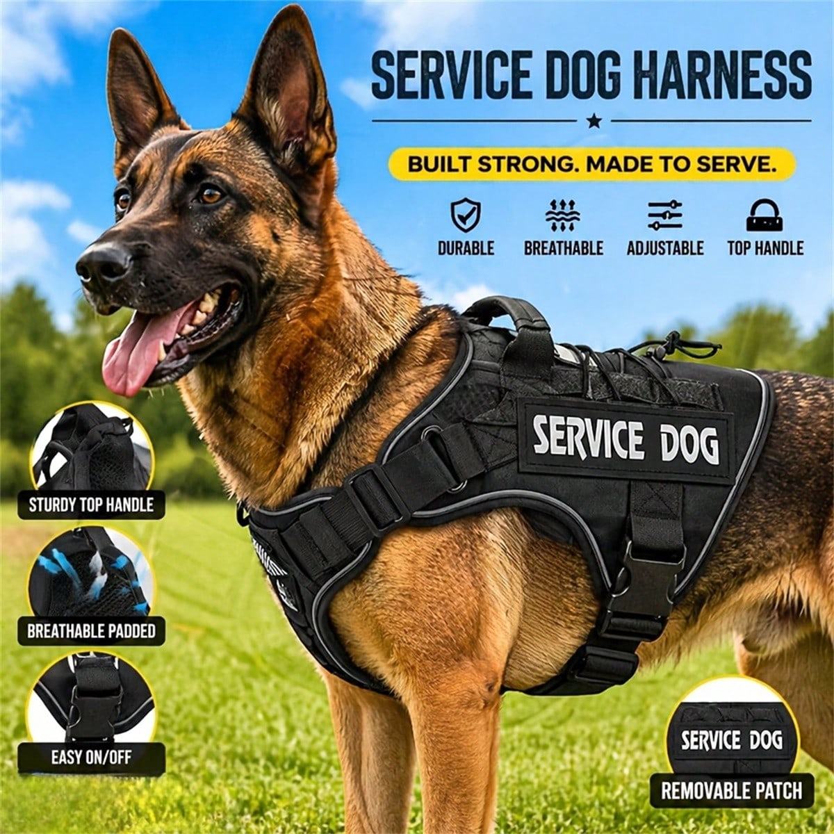 Multicolor polyester tactical vest for medium to large dogs with adjustable fit, reflective details, breathable design, and letter pattern for training or service dog use.