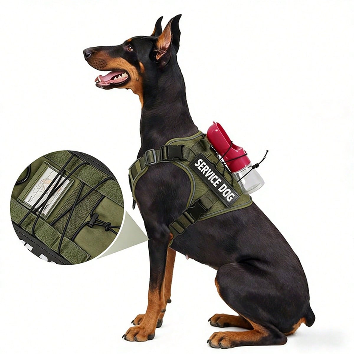 Multicolor polyester tactical vest for medium to large dogs with adjustable fit, reflective details, breathable design, and letter pattern for training or service dog use.