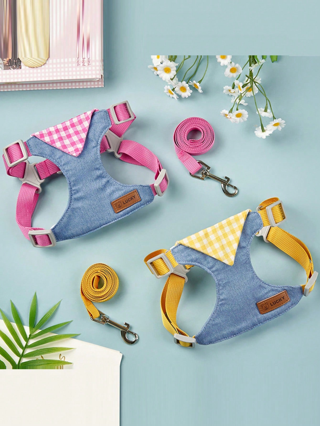 Pink plaid polyester dog harness and leash set with breathable vest-style anti-escape design for small breed dogs