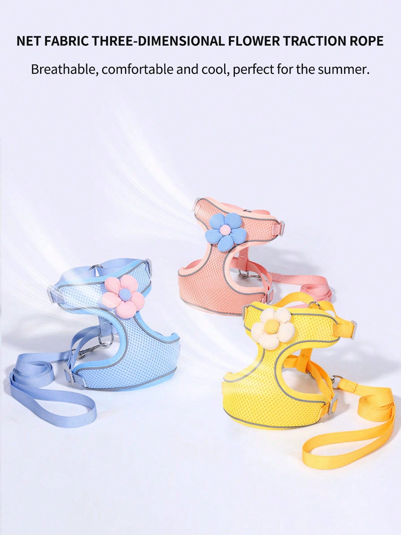 Cute floral pet harness and leash set with small pendant, breathable soft mesh vest, reflective details, and adjustable anti-escape fit for puppies, kittens, and small to medium dogs.