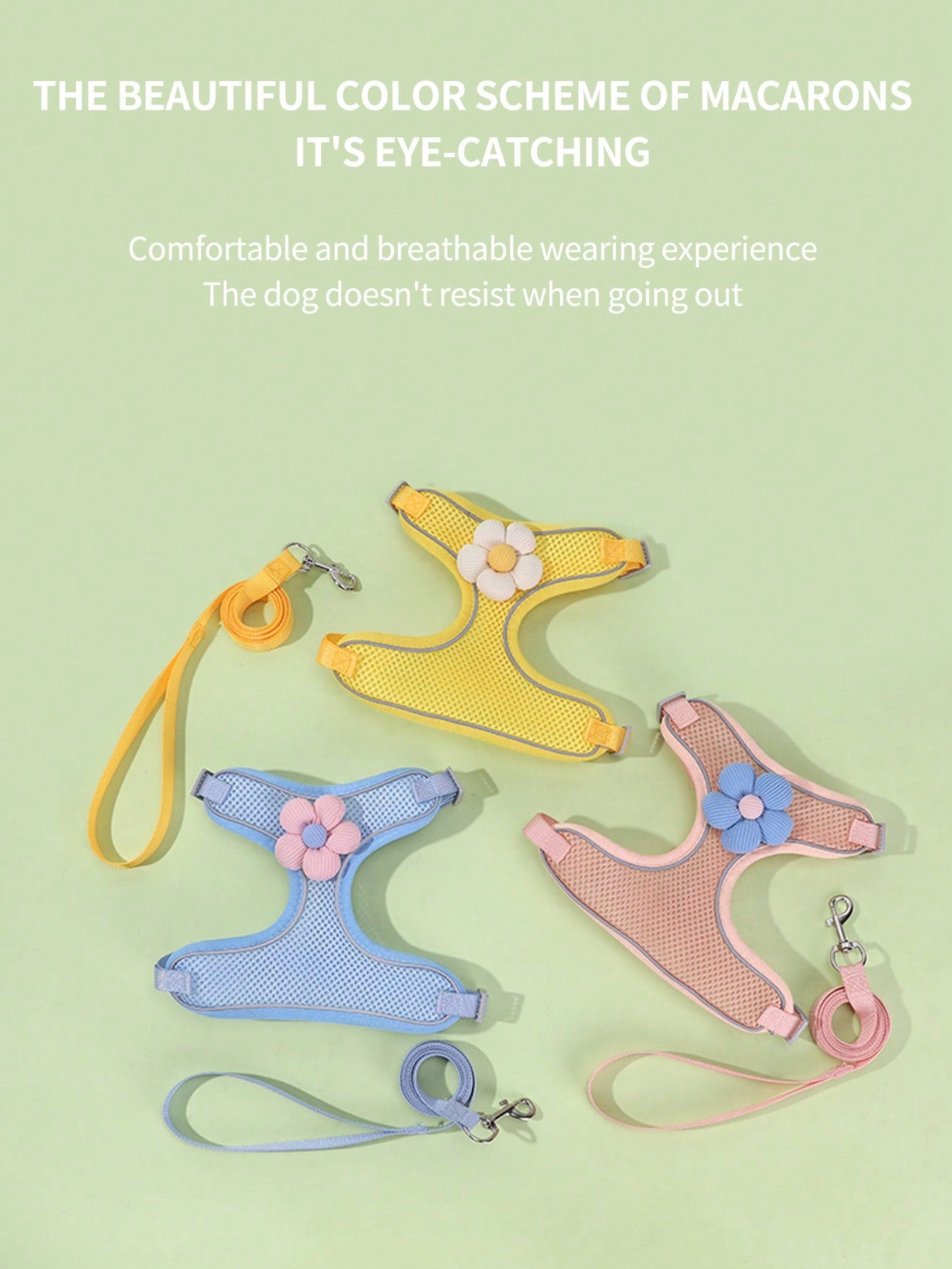 Cute floral pet harness and leash set with small pendant, breathable soft mesh vest, reflective details, and adjustable anti-escape fit for puppies, kittens, and small to medium dogs.