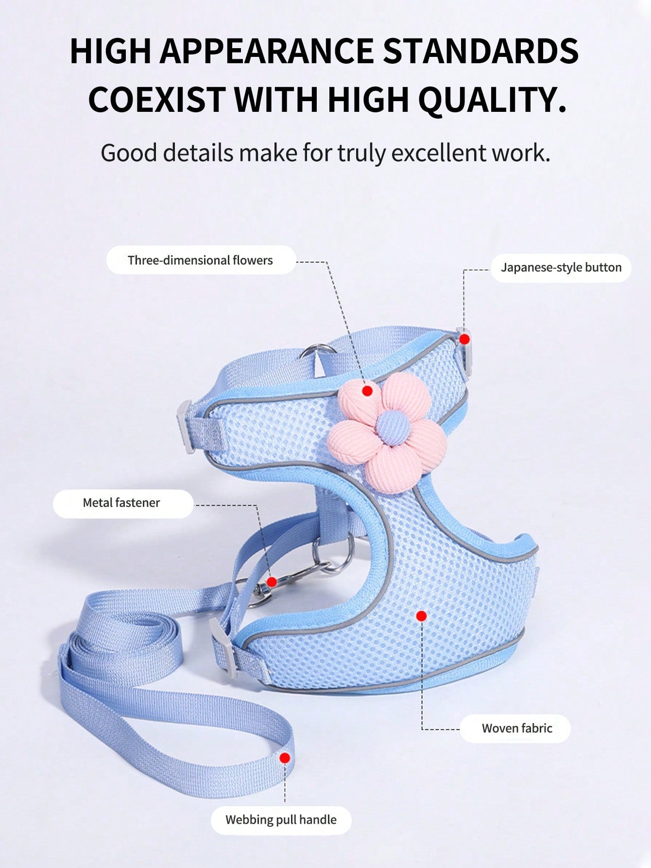 Cute floral pet harness and leash set with small pendant, breathable soft mesh vest, reflective details, and adjustable anti-escape fit for puppies, kittens, and small to medium dogs.